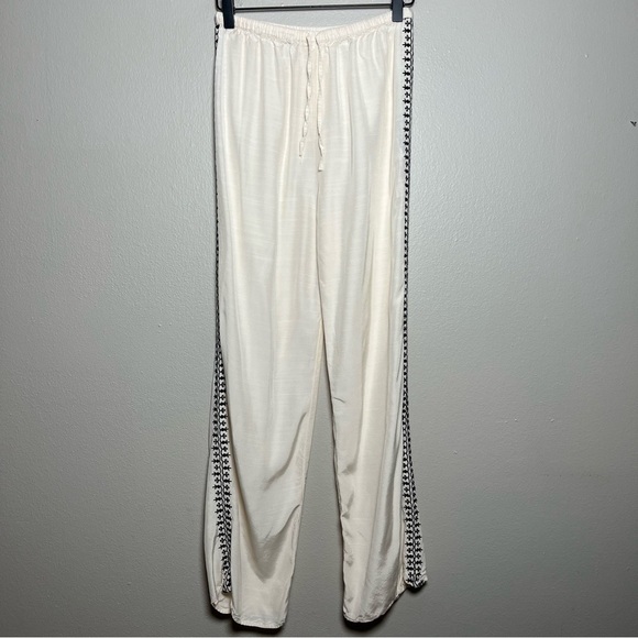 Zara Women Pants Small Cream Black Embroidered Panel Pull‎ On Coastal Wide Leg - Picture 1 of 9